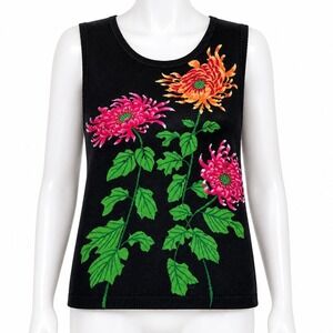 Elizabeth New York Sweater Vest Womens L Black Floral Beaded Sequin Knit Shell